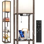 OUTON Floor Lamp with Shelves, Dimmable Shelf Floor Lamp with Remote Control & 2 USB Charging Ports & Power Outlet, Modern Standing Lamp with 4 Color Temperature for Living Room, Bedroom, Dark Grey
