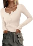 PRETTYGARDEN Women's 2025 Spring Long Sleeve Henley T Shirts Ribbed Knit Button Up Slim Fitted Basic Casual Going Out Tops (Beige,XX-Large)