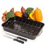 Moss & Stone Carbon Steel Roaster Pan with “V” Shape Removable Roasting Rack Set,16.5.- Inch Rectangular Nonstick Roasting Pan, Turkey Roaster Pan Rack with Carving Fork & Chef Knife