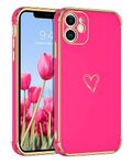 GUAGUA Case for iPhone 12, iPhone 12 Cases Cute Heart Pattern Soft TPU Plating Cover for Women Girls with Camera Protection & 4 Corners Shockproof Protection Phone Cases for iPhone 12 6.1", Hot Pink