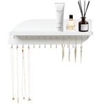 Lampaggio Hanging Jewelry Organizer with 25 Hooks and Cosmetics Shelf, Modern Wood Wall Mounted Jewelry Holder for Necklaces, Bracelets, Earrings and Rings, White
