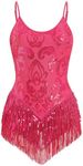 IBAKOM Women Sexy Shiny Sequins Fringe Bodysuit Sparkly Tassel Latin Jazz Dance Acrobat Costume Adult Circus Trapeze Artist Dancing Queen Rave Outfits Glitter Christmas Dance Leotard Hot Pink S