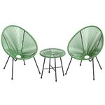 SONGMICS 3-Piece Outdoor Seating Acapulco Chair, Modern Patio Furniture Set, Glass Top Table and 2 Chairs, Indoor and Outdoor Conversation Bistro Set, Light Green UGGF011C01