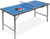 Relaxdays Midi Table Tennis Ping Pong Table, 150 x 67 x 71 cm, Folding Table for Indoor & Outdoor Use, Ball and Paddles Included, Blue