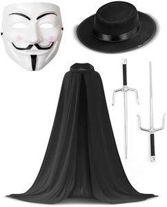 Bella Dox Máscara de pirata informático anónimo de V de Vendetta para adultos + capa con capucha + sombrero + traje para Halloween, carnaval, fiesta, accesorio