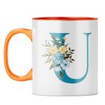 YuBingo Floral U Monogram Mug - Beautiful Gift, Orange Inner & Handle (Orange Inner & Handle, Tea Cup, 310ML)