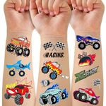 86Pcs Monster Truck Temporary Tattoos for Kids, Birthday Party Supplies - Racing Car Checkered Flag Trophy Flame Fake Truck Tattoo Stickers for Boys Girls