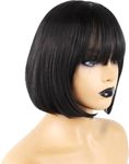 Hot Hairs Synthetic Heat Resistant Straight Short Bob Hair Wigs with Fringe for Women, 14Inch, Black free 2 Wig Caps,1 Carry Pouch