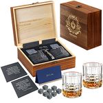 Whiskey Gift Set for Men, KAQ 8 Natural Whiskey Stones, 2 Personalised Stone Coasters, 2 Crystal Whisky Glasses in a Exquisite Wooden Box, Gift for Whisky Scotch Bourbon Lover