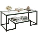 Wolawu Coffee Table Black Glass Coffee Table for Living Room,2 Tiers Rectangle Center Table with Sturdy Metal Frame,Modern Tempered Glass Accent Table for Bedroom Home Office