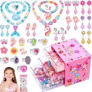 Toys for Girls Jewelry,37PCS Princess Toddler Girl Toys Age 6-8 for Pretend Play & Dress Up, Adjustable Ring Clip on Earrings Kids Toys for 3 4 5 6 7 8 9 Year Old Girls Christmas Birthday Gifts Ideas