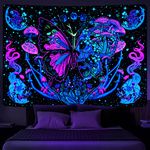 Yrendenge Fluorescent Tapestry, Butterfly Mushroom Wall Hanging, Skeleton Moon Phase Tapestries, Bedroom Dormitory Aesthetic Wall Cloth, Polyester Tapestry 210 * 150 cm