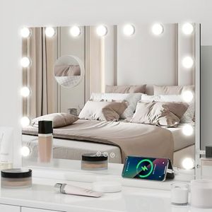 YOURLITE Hollywood Vanity Mirror with Lights, 58×45cm Lighted Makeup Mirror with 15 Dimmable Led Bulbs, 3 Lighting Modes, Touch Screen Control, Tabletop and Wall Mounted for Bedroom