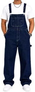 Huang's Mens Denim Bib Overalls Loose Fit Workwear Carpenter Jeans with Adjustable Straps Vintage Washed Utility Overalls Relaxed Straight Leg Casual Jumpsuit for Men