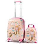 GYMAX 2Pc Kid Carry On Luggage Set, 12" & 18" Kids Suitcase with 4 Spinner Wheels, Travel Rolling Trolley (Mermaid)