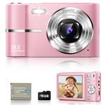 EJXHKNF Digital Camera, 1080P FHD Vlogging Camera 50MP Compact Portable Photo Camera with 2.4" Screen, 16X Digital Zoom Mini Small Pocket Camera for Kids Students with 1 Battery, 16GB Card (Pink)