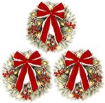 Twinkle Star 3 Pack Lighted Christmas Wreaths, Pre-lit Xmas Wreath with Large Red Bow, Cones & Berries, Battery Operated with LED Lights for Front Door Holiday Wall Christmas Party Decorations