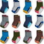 JAKIDAR 12 Pack Baby Socks Cotton Crew Toddler Socks Grips Non Slip Bottom Kids Socks, Blue Green Brown 12-24M