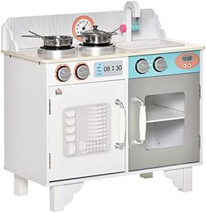 HOMCOM Kids Wooden Play Kitchen Toy Cooking Set Pretend Role Playset, with, Cooking Bench, Stainless Steel Pot for 3-6 Years