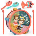 Satiskid 6 Pcs Kids Musical Instruments Set, Children Musical Playset Including Drum, Drum Stick, Sand Hammers and Trumpet, Kids Drum Set Sensory Musical Instrument Toy for Kids Boys Girls Ages 3+