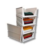 Blazonn set of 4 stackable foldable wardrobe organiser storage plastic box shelf divider separator for clothes wardrobe kids toys home office cupboard kitchen off- white medium (43x32x18.5)