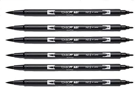 Tombow Dual Brush Pen, Black (66621) Pack of 6 pcs.