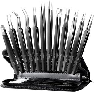 Antonki 12 Pack Precision Tweezers Set, Professional Stainless Steel Tweezers for Craft, Soldering, Jewelry, Eyebrow, Facial Hair, Ingrown Hair Removal, Eyelash Extension - with Case