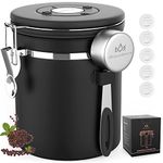 Miscedence Coffee canister for ground coffee with Scoop & Date Tracker One Way Co2 Valve #304 Stainless Steel Kitchen Food Airtight storage container for Coffee Beans,Grounds,Tea,Sugar (Black, 16oz)