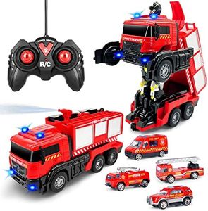 Remote Control Fire Truck with Led Sounds,RC Fire Truck Car Toy with 3pcs Small Firetrucks 10pcs Roadblock Models, One Button Press Spraying Water Transformer Fire Truck Toys for Kids Toddlers Boys