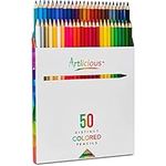 Artlicious - 50 Premium Distinct Colored Pencils for Adult Coloring Books - Bonus Sharpener - Color Names on Pencils