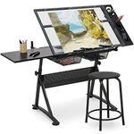 MoNiBloom Height Adjustable Drafting Table w/Stool Versatile Drawing Table Artist Desk Tilting Glass-Top, Home Craft Work Station Artists Desk w/Tray and Drawers for Reading Writing Diamond Painting