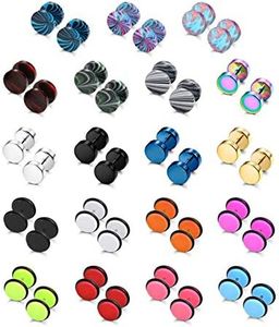 sailimue 19 Pairs Stainless Steel Men Earrings Studs Ear Piercing Plugs Tunnel Screw Design Fake Gauges Earrings Flat Back Stud Earring Set for Men Women