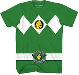 Mighty Morphin Power Rangers Red Blue Yellow Pink Green Black White Blue Costume T-Shirt, Green, Large