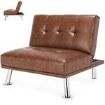 Multigot Single Sofa Bed, PU Leather Upholstered Reclining Couch with Adjustable Backrest & Tufted Buttons, Stainless Steel Legs Sofa Chair Sleeper for Living Room Bedroom (without Ottoman, Brown)