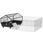 PawHut Metal Small Animal Cage, Rabbit Cage for Guinea Pig, Chinchilla, Hedgehog, Bunny with Removable Wheels and Foldable Detachable Run Fence 47.2" L x 66.9" W x 24.4" H