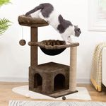 PURRWAY Soft Fur Condo Activity Cat Tree - Jute Rope Scratching Post, Hanging Ball, Hammock, Suitable for Small Cats (Condo 16 x 16 Inch) (Height 38 Inch) (Large) (Brown)(FURR-71)