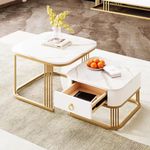 ModernLuxe 2-in-1 MDF Coffee Tables for Living Room, Square Coffee Table with High Gloss Marble Exterior, Gold Accents, Side Table with Drawer, Modern Nest of Tables for Saving Space, White