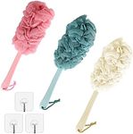 3 Pack Loofah Body Bath Brush with Long Handle Shower with Bristles Loofah Scrubber Exfoliating, Mesh Pouf Body Flower Bath Brush Pink White and Blue with 3 Hooks