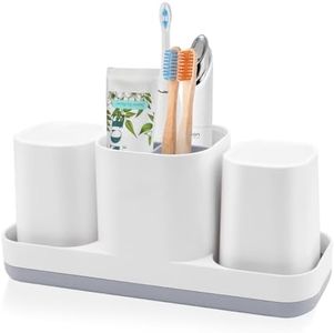 Boperzi Toothbrush Holder Organizer with 2 Cups - 4 Toothpaste Tube Squeezers and 3 Slots Electric Toothbrush Storage Set for Bathroom Countertop Shower Kids Family Decor