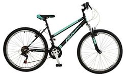 Falcon Vienne Womens' Mountain Bike Black/Teal, 17" inch steel frame, 18-speed Shimano rear derailleur and micro-shift rotational shifters strong and lightweight deep-section alloy wheel rims