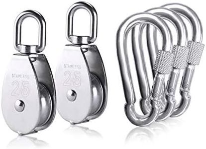 2pcs M25 Single Pulley Block with 3pcs Spring Snap Hook Carabiner, Heavy Duty 304 Stainless Steel Pulley Roller & 3'' Spring Snap Hooks, Pully Crane Swivel Hook Wire Rope Cable Loading 331lbs/150 kg