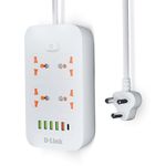 D-Link Power Strip with 4 Universal Sockets with Child Security + 5 USB Ports + 1 Type-C Port, High Temperature Fuse Protector, 1500W with 2 Meter Cable