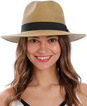 Simplicity Beach Hats for Women Fedora Hats Women Sun Hat Men Straw Hat with Chin Strap Cute Panama Sun Hat,Light Brown/Black Thread Belt