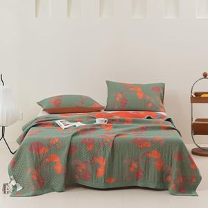 Purefair 100% Cotton Muslin Blanket Jacquard Green Orange Floral Ginkgo Leaves Quilt, Soft Bed Cover Lightweight Breathable Gauzy Reversible Bedspread Coverlet King(98"x94"), No Pillow Sham