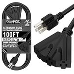 Kasonic 100 Ft Extension Cord with 3 Outlets, UL Listed 16/3 SJTW 3-Wire Grounded, 10A 125V 1625W for Indoor/Outdoor Use - Black