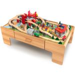 KOTEK Train Table, 100-Piece Wooden Toy Activity Playset w/Storage, Tracks, Vehicles, Bridge, Parking Apron, Large Train Set Table for Toddlers 3+, Gift for Boys Girls