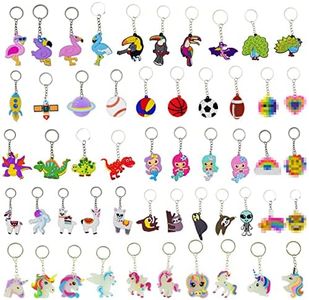 Gocavo 50Pack Cute Cartoon Party Backpack Keychain, Birthday Christmas Unicorn Dinosaur Animal Mermaid Rainbow Supplies Key Rings for Kids Adults Favors Gift, Colorful,