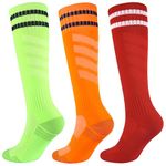 3 Pairs Boys Soccer Socks Kids Football Socks Girls Knee High Socks Baseball Softball Athletic Sports Tube Stockings Kids (Neon Green+Orange+Red, S)