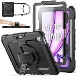 SEYMAC stock Case for iPad Air 11 inch (M2) 2024 / Air 6th Generation Case, Shockproof Protective Case with Pencil Holder Screen Protector, 360° Rotate Stand Case with Hand/Shoulder Strap Case, Black