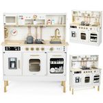 Mamabrum Wooden Kitchen for Kids 3+, Play Kitchen with LED Lighting, Pretend Play Toys, XXL Interactive Toy Kitchen with Microwave, Dishwasher, Coffee Machine, Oven, Sink, Faucet and Accessories